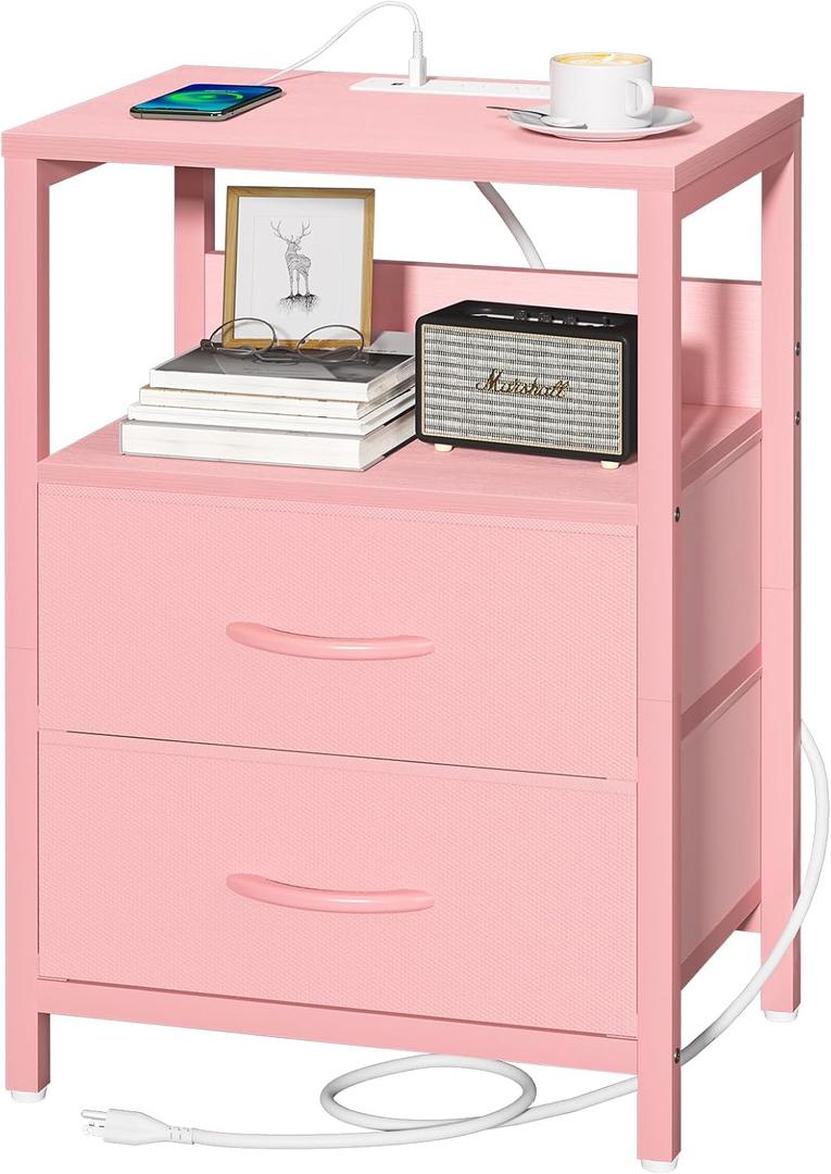 Yoobure Nightstand with Charging Station, Small Night Stand with Fabric Drawers and Storage Shelf for Bedrooms, Nightstands for Small Spaces, Bedside Table with USB Ports & Outlets Bed Side Table (Pink)