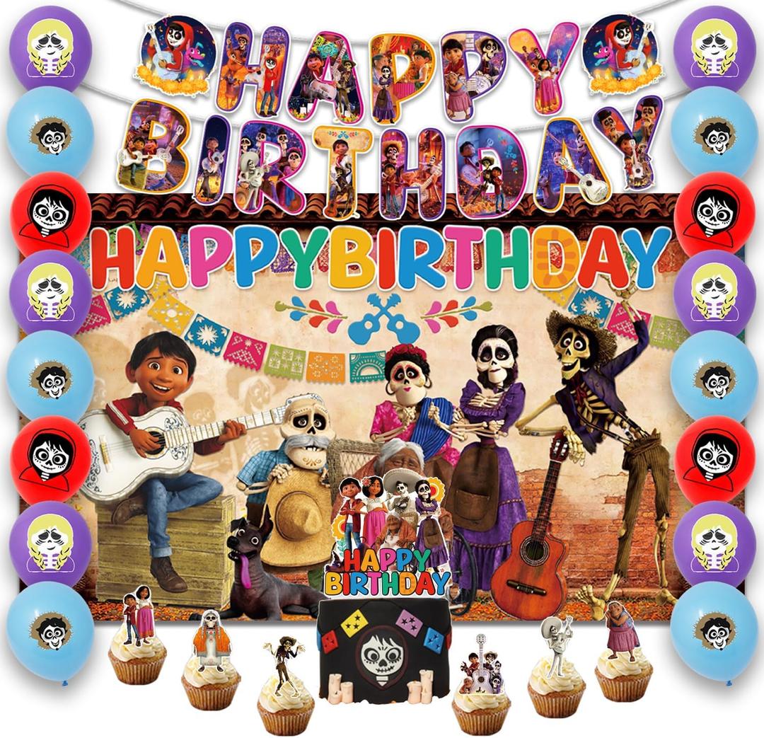42pcs Dsney Coco Birthday Party Supplies -Included Banner, cupcake toppers , backdrop and Balloons Banner for Coco Cartoon Themed Party Decorations