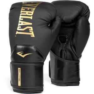 Everlast Elite 2 Boxing Gloves, Pro Training Gloves for Men and Women, Secure Fit Hook and Loop Closure & Ventilation, Heavy Bag & Speedbag Training. (Black/Gold) 12Oz
