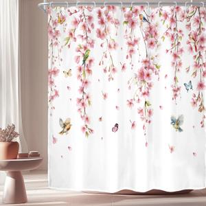Riyidecor Pink Cherry Blossom Shower Curtain for Bathroom Decor 72Wx72H Asian Weeping Flower Birds Butterfly Japanese Sakura Floral Cute Art Printed Fabric Polyester Waterproof 12 Pack Metal Hooks