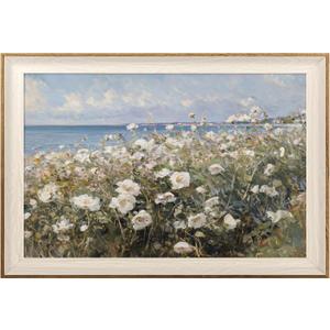 ASTRDECOR Framed Canvas Wall Art Room Decor, Vintage Landscape Wall Art for Home Decor Aesthetic Artwork, Coastal Scenery Nature White Wildflowers Oil Painting Pictures Bathroom Wall Decor 16''x24''