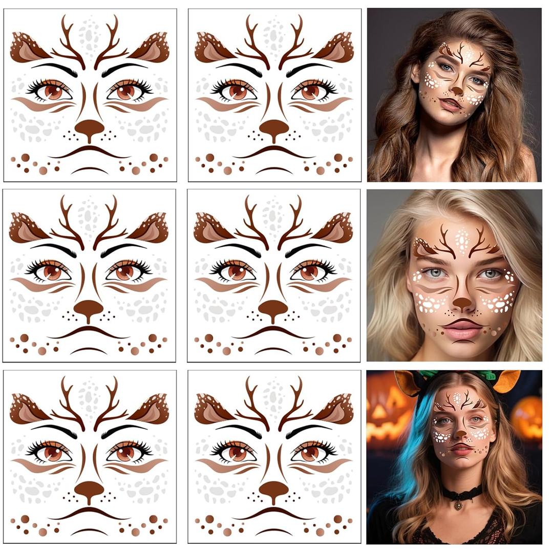 HOWAF 6 Sheets Halloween Deer Full Face Tattoos, Reindeer Face Stickers for Adults Man or Women Halloween Deer Costume Accessories, Elk Face Decals Fawn Horn Temporary Tattoos