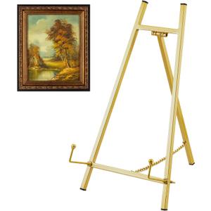 Leinuosen Metal Easel Stand 16.5" H x 8.7" W x 4.3" D Table Top Easel Stand for Display Tripod Art Picture Mirror Modern Plate Holder for Display Book Photo Wedding Sign(Gold,1 Pcs)