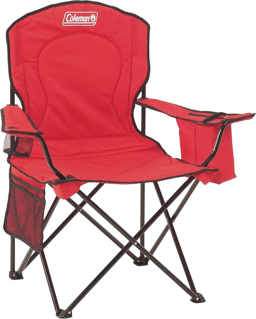 Coleman Portable Camping Chair with 4-Can Cooler, Cushioned-Seat & Back with Side Pockets & Cup Holder, Carry Bag Included, Great for Camping, Tailgating, Firepits, Patio, & More (Red)