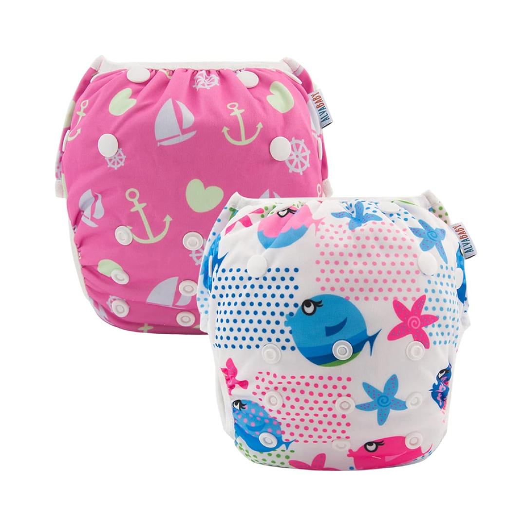 ALVABABY Swim Diapers 2pcs Baby & Toddler Snap One Size Reusable Adjustable Swim Diapers for Swim Classes Small (01 Fish & Sailboat)