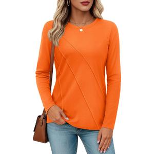 YUCOLEN Long Sleeve Shirts for Women Pleated Crew Neck Cotton T Shirts Solid Color Soft Casual Basic Tees Fall Trendy Tops (Orange, XXL)