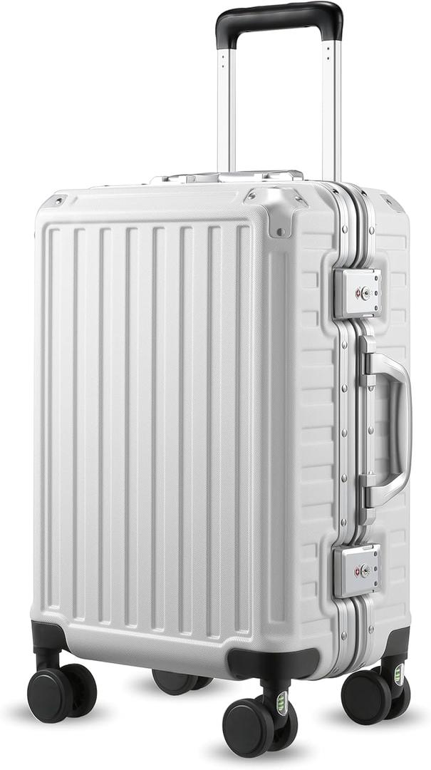 LUGGEX Aluminum Frame Luggage with Spinner Wheels, Zipperless Polycarbonate Hard Shell Carry On Luggage, 20 Inch Suitcases, White