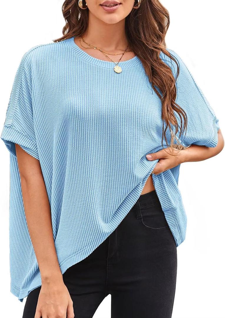 Womens Tops Crewneck Batwing Short Sleeve Shirts Ribbed Striped Casual Tee Women Oversized Loose Fit Trendy T-Shirts (Blue, S)