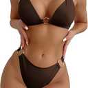 SweatyRocks Women's Ring Linked Halter Push Up Bikini Swimsuit High Stretch Bathing Suit Swimwear Set Swimming Suit Two Piece Dark Brown Small