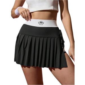 SOLY HUX Women's Pleated Tennis Skirt with Shorts High Waisted Tie Side Workout Athletic Golf Mini Skirt (Black, L)