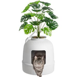 Lifewit Cat Litter Box, Hidden Enclosure Litter Tray with Odor Control & Carbon Filter in Living Room, Bedroom, Corner with Faux Plant& Plastic Scoop, 48 x 120 cm/19x47, White
