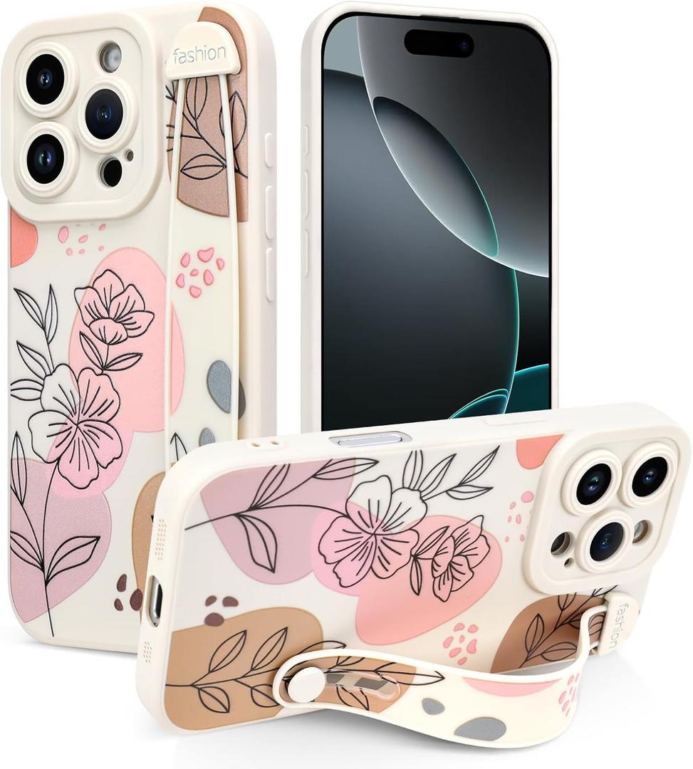 Case for iPhone 16 Pro 6.3 inch Silicone Phone Case with Strap for Women Girls Cute Floral Flowers Design, Adjustable Finger Strap Kickstand Protective Cover, Beige