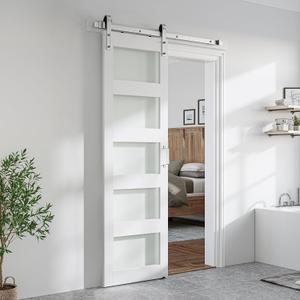 SmartStandard 24 x 84 inch Glass Barn Door with 5FT Brushed Nickel Sliding Hardware Kit & Handle, Pre-Drilled Ready to Assemble, Waterproof PVC Coating, White, 5-Panel Glass SmartStandard 24 x 84 inch Glass Barn Door with 5FT Brushed Nickel Sliding Hardware Kit & Handle, Pre-Drilled Ready to Assemble, Waterproof PVC Coating, White, 5-Panel Glass