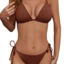 Zuvebamyo Women's Two Piece Bikini Swimsuit Sexy Ribbed Triangle Top Bathing Suits String Cheeky Bikini Sets (Brown, S)