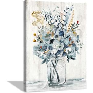 Hardy Gallery Abstract Flower Print Wall Art: Botanical Flower Bouquet in Crystal Vase Picture Picture on Wrapped Canvas for Dining Room (12" x 16" x 1 Panel)