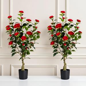 Artificial Camellia Tree 2 Pack, 3FT Faux Camellia Plant in Pot, 36 inch Fake Potted Camellia Flower Tree Plastic Camellia Tree for Modern Home Office Christmas Living Room Floor Decor Indoor, Red