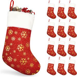 SYITCUN 12pcs Christmas Stockings, 18 Christmas Stockings Bulk with Golden Snowflakes, Red Stockings with Sparkling Surface,Perfect for Xmas Fireplace Staircase Decoration