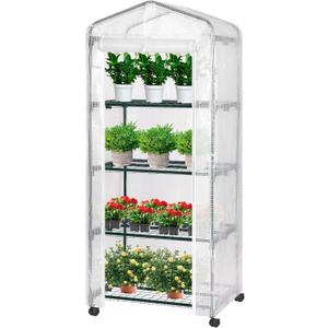 VIVOSUN Mini 4-Tier Greenhouse with Wheels, 27 x 19 x 63-Inch Reusable Portable Warm House with White PE Cover and Shelf for Compact Garden and Small Backyards, with Wheels