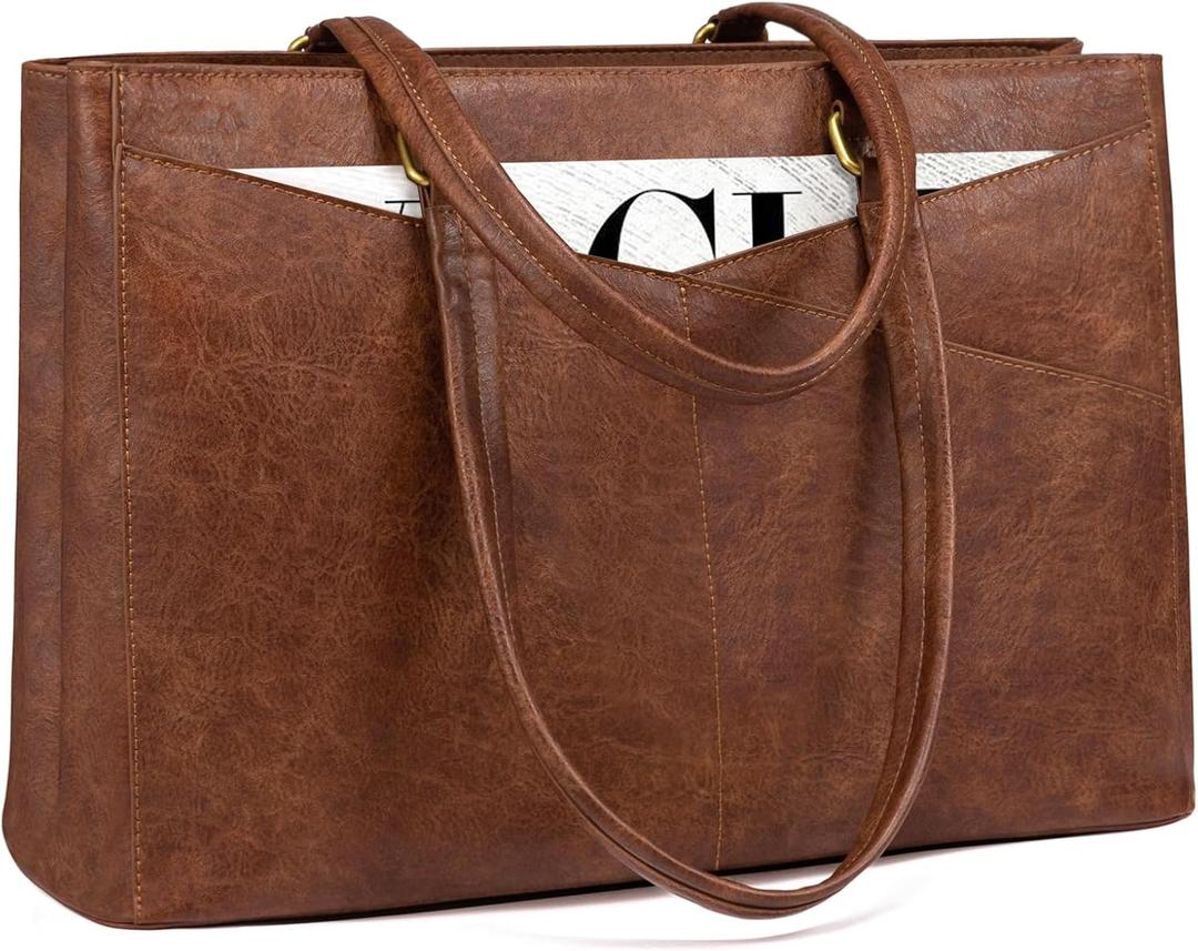 LOVEVOOK Laptop Bag for Women,15.6 Inch Laptop Tote Bag for Women,Vintage Leather Work Tote Bags Computer Business Teacher Bag,Waterproof Office Briefcase (Retro Brown)