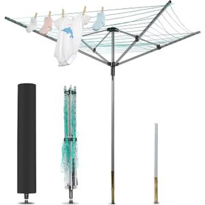 Umbrella Drying Rack Outdoor Umbrella Clothesline Rotary Retractable Clothes Line Adjustable Height 4 Arms Heavy Duty Clothesline Drying Rack 12 Lines with 165 Feet Clothes Line for Backyard