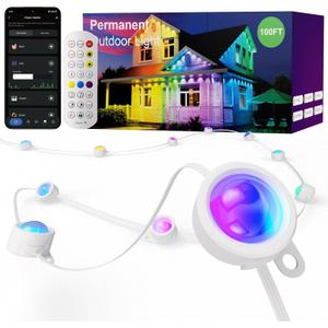 ISOPHO Permanent Outdoor Lights, Smart RGB String Lights with 75 Scene Modes, 100ft Eaves LED Light, Waterproof IP67, Applicable to All Holidays, Parties, Halloween, Christmas, App & Remote Control
