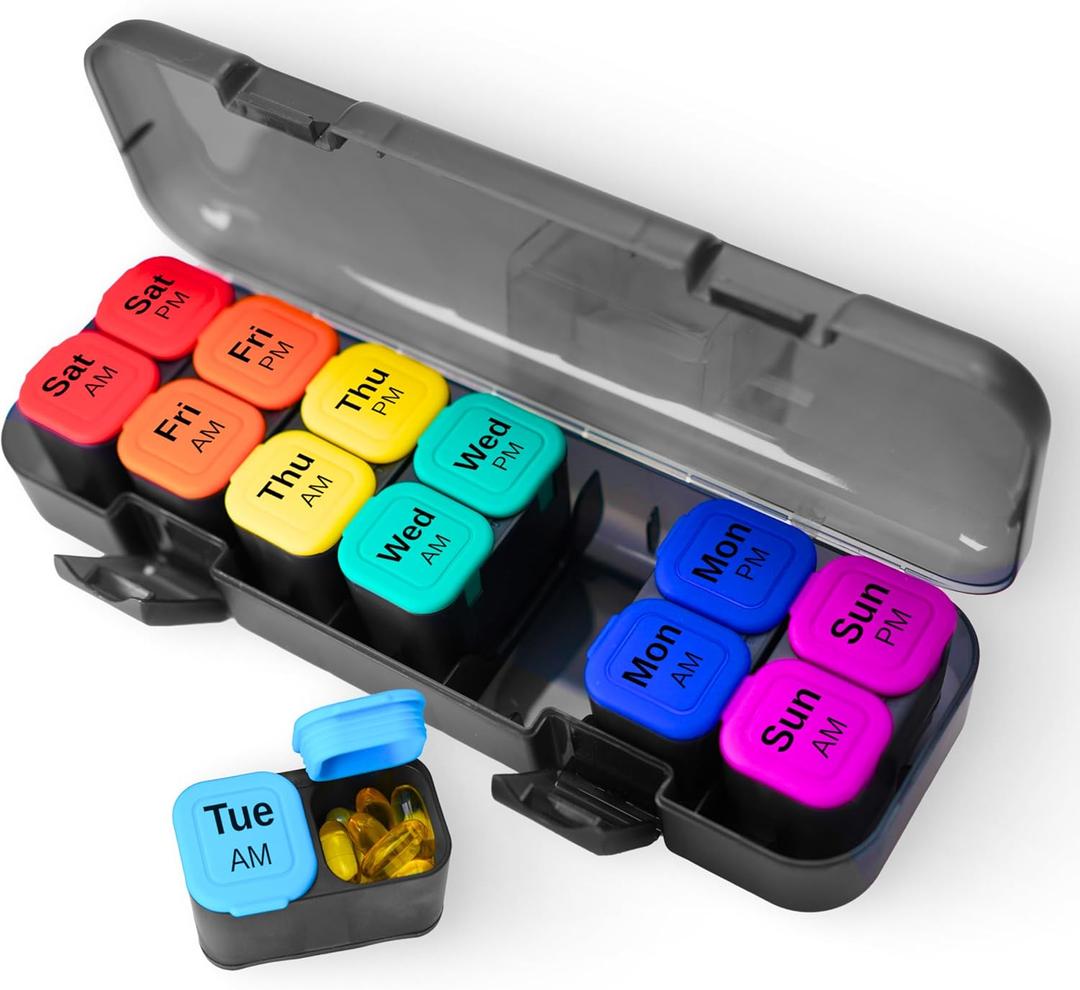 7 Day AM PM Pill Organizer  2 Times a Day Weekly Medicine Box with 14 Removable Compartments  Easy-Open, Moisture-Proof Case for Daily Meds, Vitamins & Supplements  for Adults & Seniors