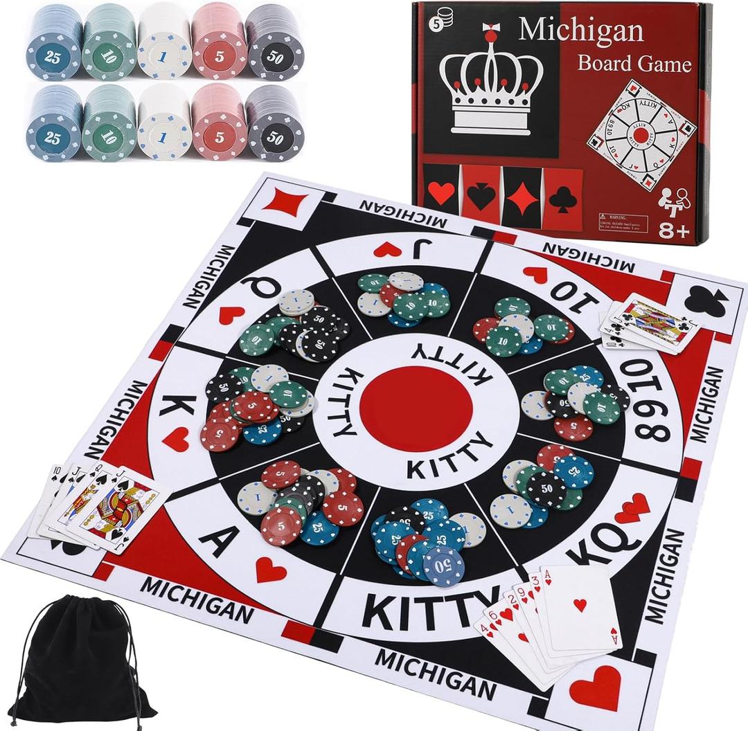 Michigan Rummy Board Game Set Tripoley Game Felt Mat Foldable Family Original Combination of Joker Rummy,Hearts and Poker Includes 2 Decks of Cards and 200 Numbered Poker Chips (3-in-1)