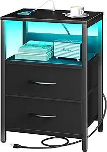 Yoobure Nightstand with Charging Station, LED Night Stand with Fabric Drawers and Storage Shelf for Bedroom, Nightstands Bedside Tables with USB Ports & Outlets, Small Night Stands, Bed Side Table 