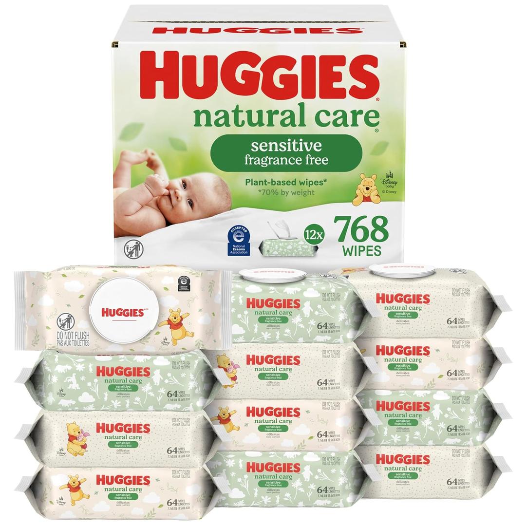 Huggies Natural Care Sensitive Baby Wipes, Unscented, Hypoallergenic, 99% Purified Water, 12 Flip-Top Packs (768 Wipes Total), 