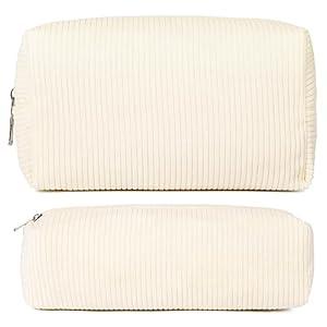 SOIDRAM Makeup Bag Corduroy Cosmetic Bag Cute White Makeup Pouch 1Pcs Large Capacity Makeup Bags and 1Pcs Makeup Brushes Storage Bag Travel Toiletry Bag Organizer