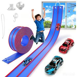 TAEMVV 15 Ft Dual Flexible Race Track for Kids, DIY Ramps Car Track Set with 2 Toy Cars Compatible with Hot Wheels 1/64 Diecast Cars, Reinforced Suction Cup for Boys Girls 3+, Blue Pro