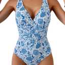 Eomenie One Piece Swimsuit for Women Tummy Control Slimming Bathing Suit Wide Straps V Neck Swim Suit Cross Back Swimwear (Large, Blue Floral)