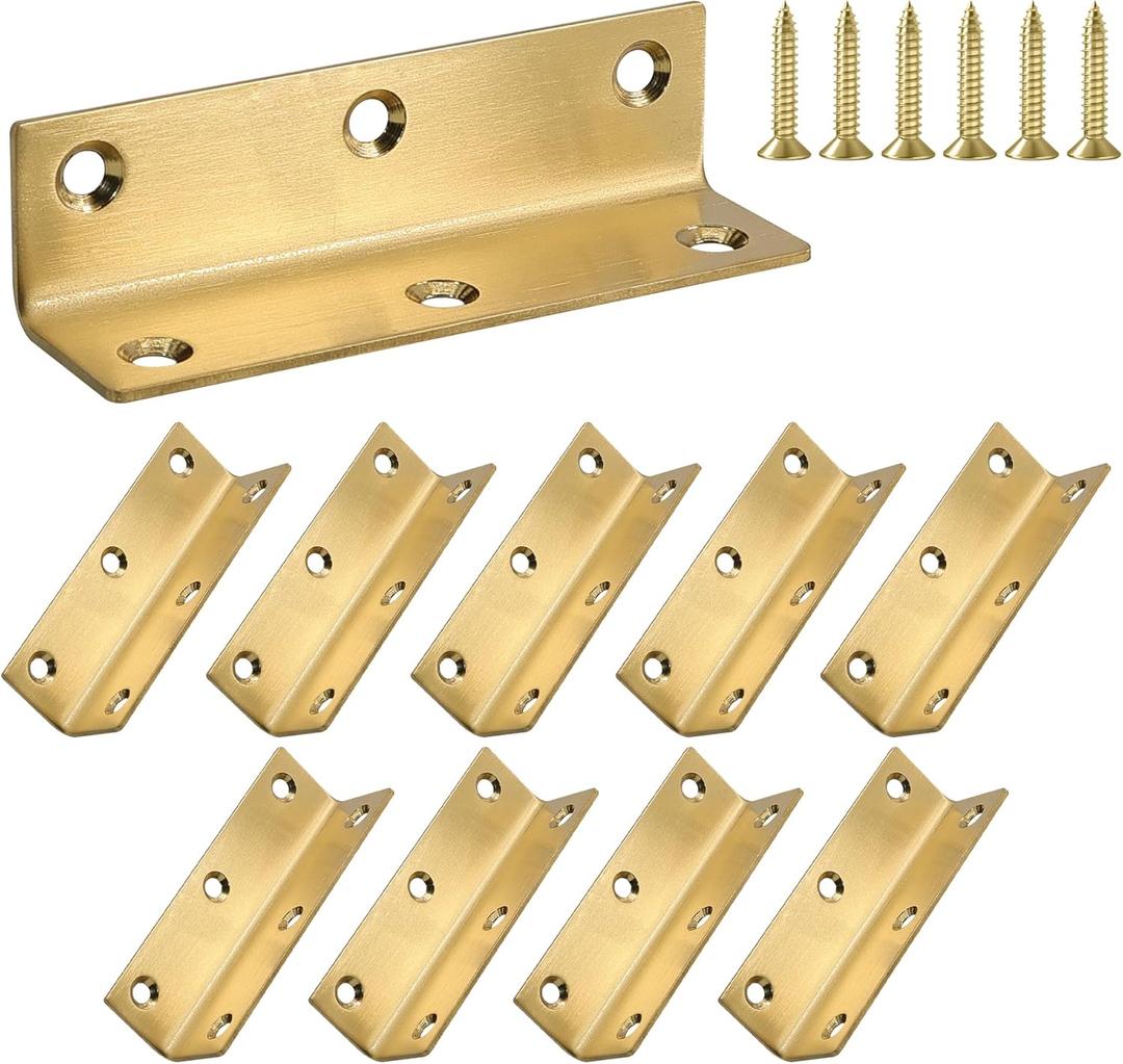 L Bracket, Heavy Duty Corner Brace, 10 Pack 4 Inch Stainless Steel Shelf Bracket Angle Bracket for Shelves, Gold Metal Braces for Wood, 100mm Overall Length
