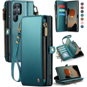 Defencase Compatible with Samsung Galaxy S22 Ultra Case Wallet with RFID Blocking Card Holder for Women Men, PU Leather Magnetic Snap Flip Zipper Strap Phone Case Fit for Galaxy S22 Ultra 5G, Green