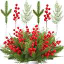 80 PCS Christmas Artificial Pine Branches 8" Artificial Red Berry Stems 13.5" Christmas Faux Greenery Pine Picks Fake Pines Needles DIY Crafts Decorations for Xmas Tree DIY Wreath Garland Home Decor