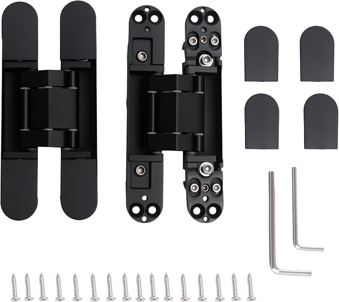 4-Pack 6 inch Hidden Door Hinges Heavy Duty Black, Invisible Concealed Hinges Zinc Alloy 6''x 2.5''x1Inch, Concealed Hinge 180 Degree Swing Hinge, 3 Way Adjustable with Pins and Screws