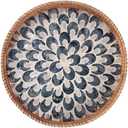 YANGQIHOME Round Serving Tray with Handle, Rattan Tray with Decorative Mother of Pearl Inlay, Round Wicker Trays for Home Decor, Coffee Table, Gifts, Dining,13.8 inch Blue