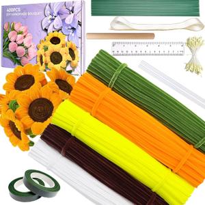 400Pcs Pipe Cleaners Craft for Flowers  Pipe Cleaners Bulk with 5 Assorted Colors Chenille Stems for DIY Flower Making Kit, Includes Floral Wires, Tape, Stamen and Ribbon(SunflowersPumpkin) (Yellow)