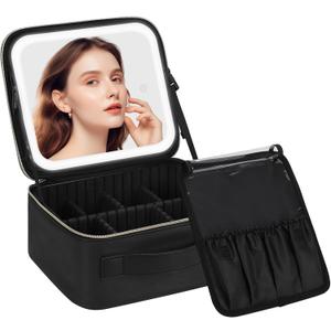 Chomeiu Makeup Bag with LED Mirror, Travel Makeup Case for Women and Makeup Artists Cosmetic Organizer Large Make Up Bags with Light Up Mirror, 3 Color Lights, Adjustable Dividers and Brush Holder (Small, 01-Black)