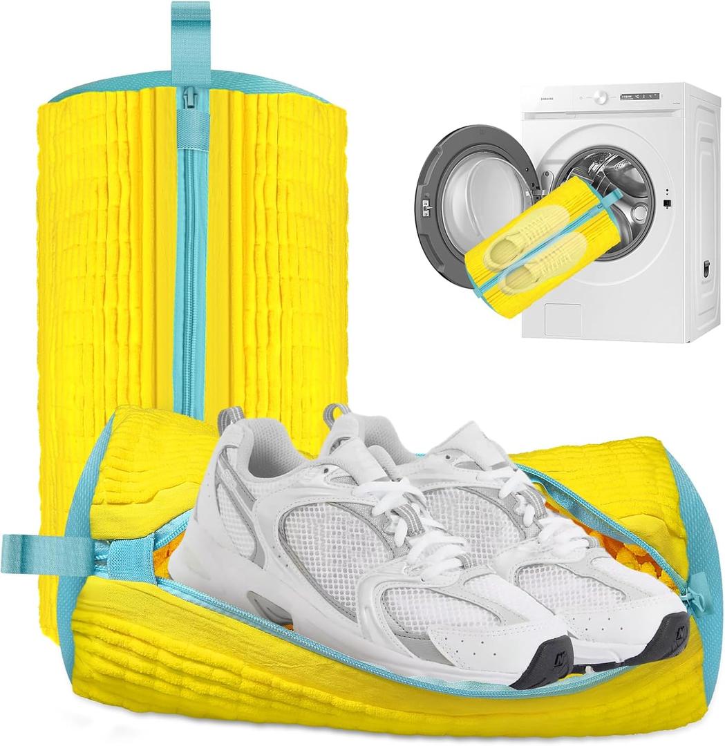 XQXA Shoe Washing Machine Bag 2-Pack - Reusable Shoe Washing Bag with Hidden Zipper, Machine Washable Shoe Bag for Sneakers, Tennis & Athletic Shoes (Yellow)