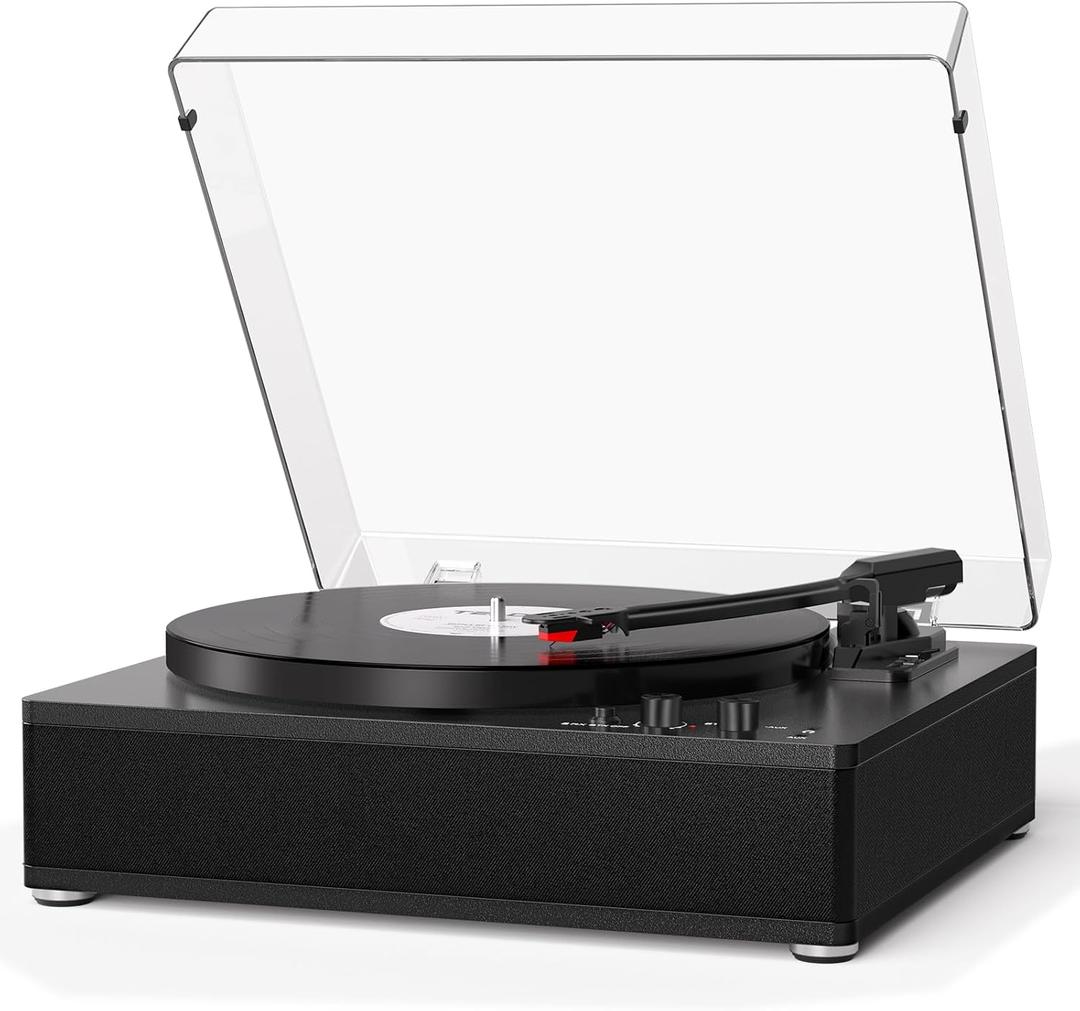 Vinyl Record Player with Built-in Stereo Speakers, Bluetooth Input & Output Turntable, Full-Size 3-Speed LP Players with Adjustable Counterweight, AUX & RCA Jack, Retro Record Player for Home Audio