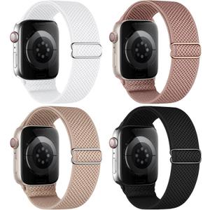 4 Pack Stretchy Solo Loop Compatible with Apple Watch Bands 38mm 40mm 41mm 42mm Women Men, Sport Nylon Elastic Straps Wristbands for iWatch Series 11 10 (Black/White/MilkTea/Pink)