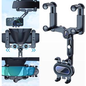 Phone Mount for Car, 360 Rotatable and Retractable Car Phone Holder Mount Free Adjustment Rear View Mirror Phone Holder for Car Universal Rearview Mirror Cell Phone Car Mount Fit for All Smartphones