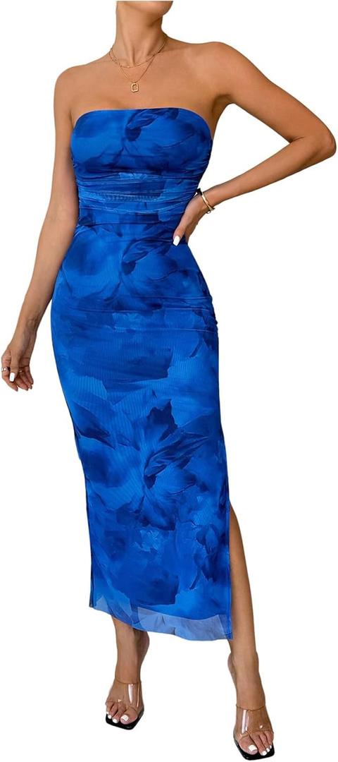 GORGLITTER Women's Floral Strapless Bodycon Wedding Guest Dress Vacation Summer Birthday Tropical Maxi Long Sun Dresses (Blue, M)