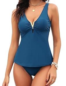ZAFUL Women's Tummy Control Tankini Swimsuits V Neck Ruched High Waisted Bikini Sets Two Piece Bathing Suits (1-Blue, S)