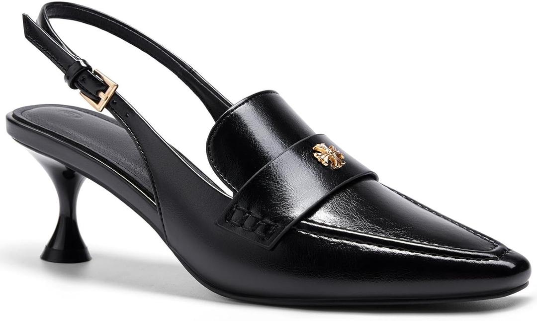 Coutgo Women's Pointed Toe Sandals Slingback Kitten Heel Pumps Slip On Ankle Buckle Dress Shoes (10, Cool Black)