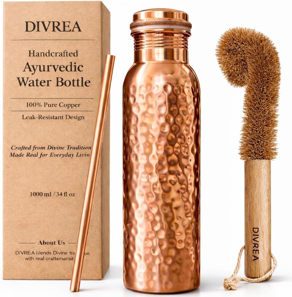 100% Pure Copper Water Bottle for Drinking 32 Oz Wide Mouth, Hammered Ayurvedic Copper Water Bottle with Straw Handcrafted Leak-Proof Vessel, Reusable & BPA-Free, Free Cleaning Brush (Hammered)