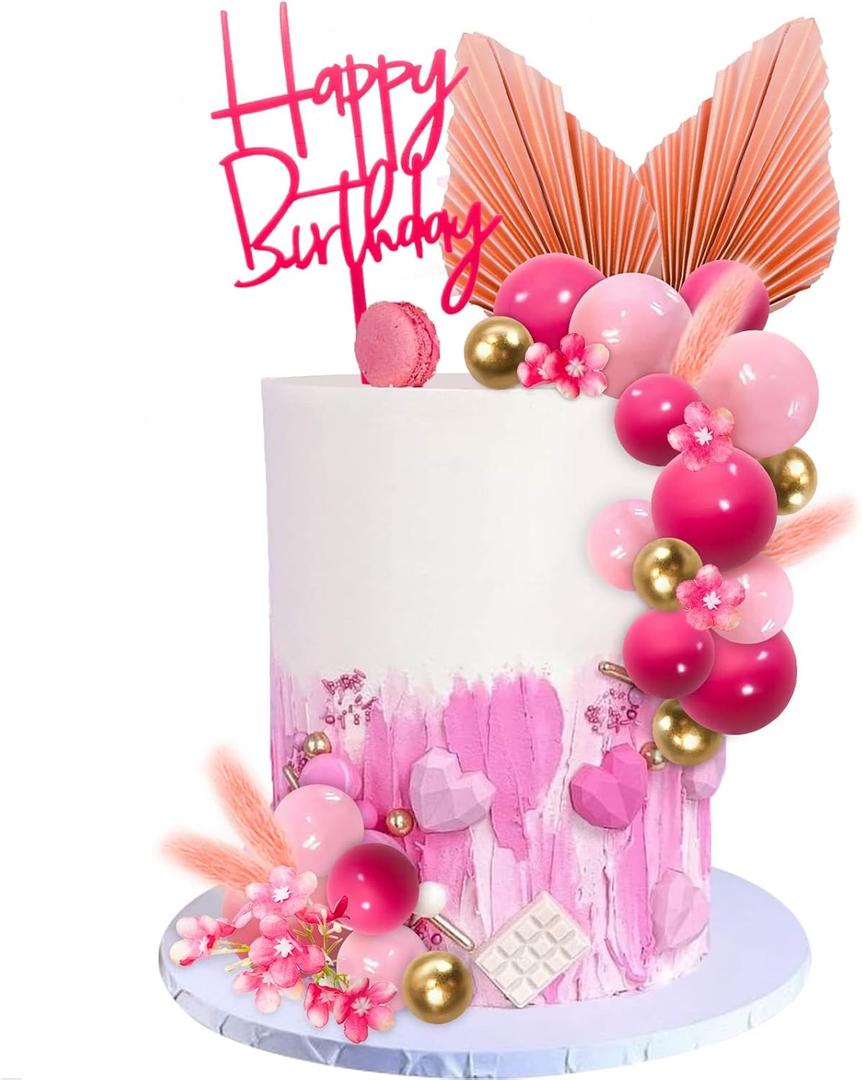 MEMOVAN 29pcs Flower Boho Cake Topper Ball Cake Decorations Hot Pink Gold Balls Palm Leaves Artificial Plants Cake Decor for Girl Bohemian Hot Pink Princess Theme Wedding Baby Shower Birthday Party