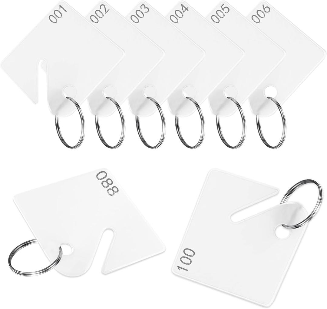 100 Pcs Key Tags Plastic Slotted Tags with Upgrade Round Ring, White Square Hanging Tags with Number(1-100) for Key Cabinets Boxes Lockers Sturdy Frosted Item Identifiers for Home Office and Garage