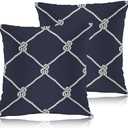 Swono Nautical Rope Throw Pillow Cases Pack of 2, Marine Fishing Net Marine Knots Square Cushion Covers Decor Pillow Covers for Couch Sofa Home Decoration 18 X 18 Inches Pillowcases Navy Blue